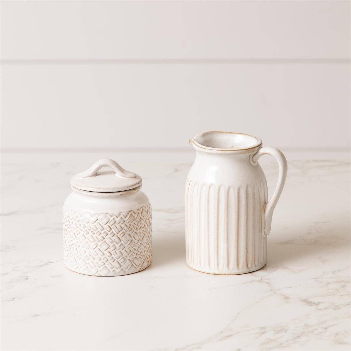 Debossed Stoneware Cream And Sugar Set (Set Of 02)