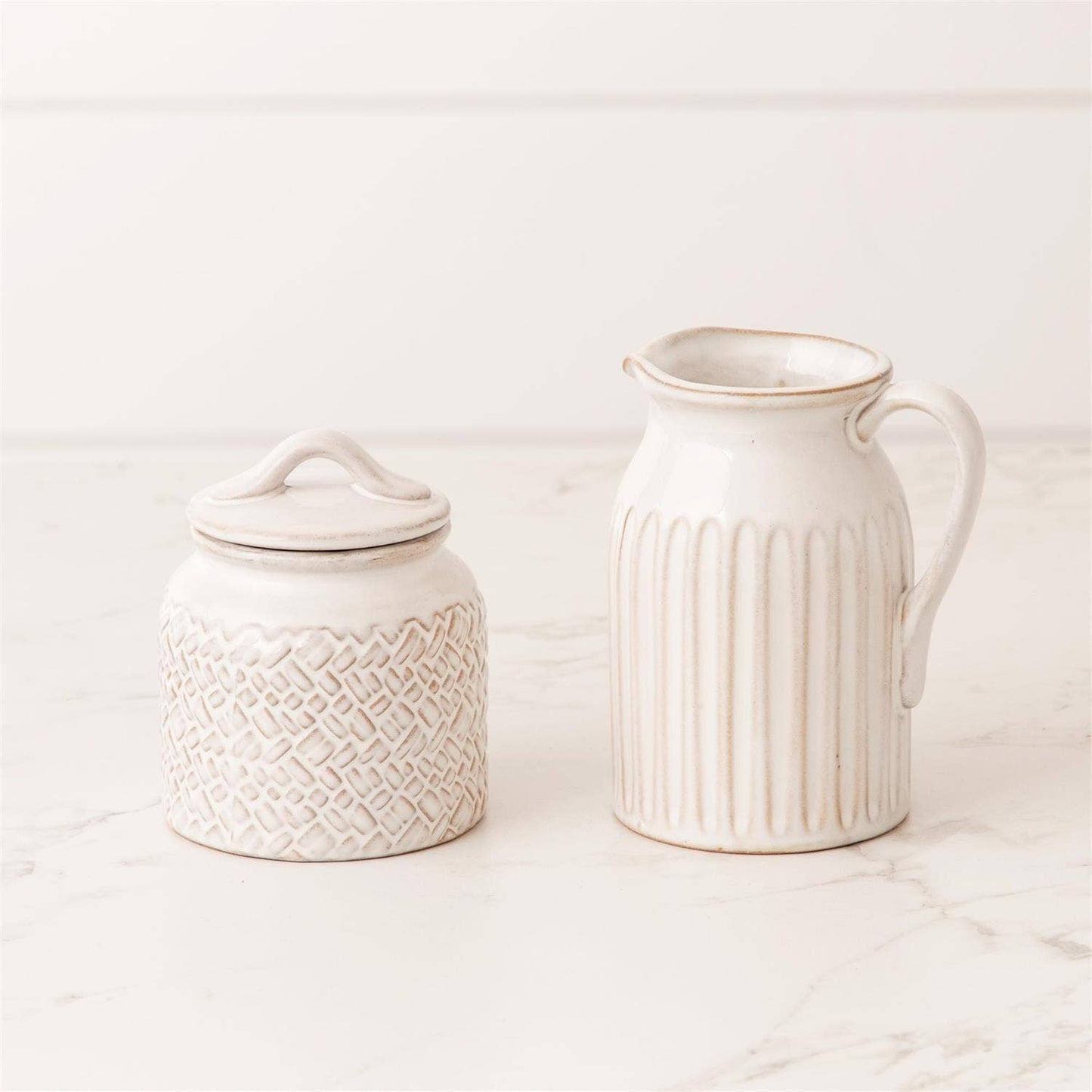Debossed Stoneware Cream And Sugar Set (Set Of 02)