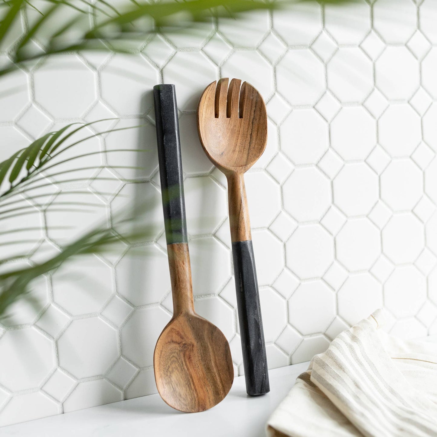 Louisa Set of 2 Serving Wood Utensils, Black Marble Handles
