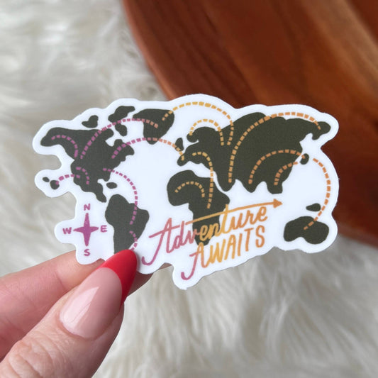 "Adventure awaits" World Map Travel Sticker